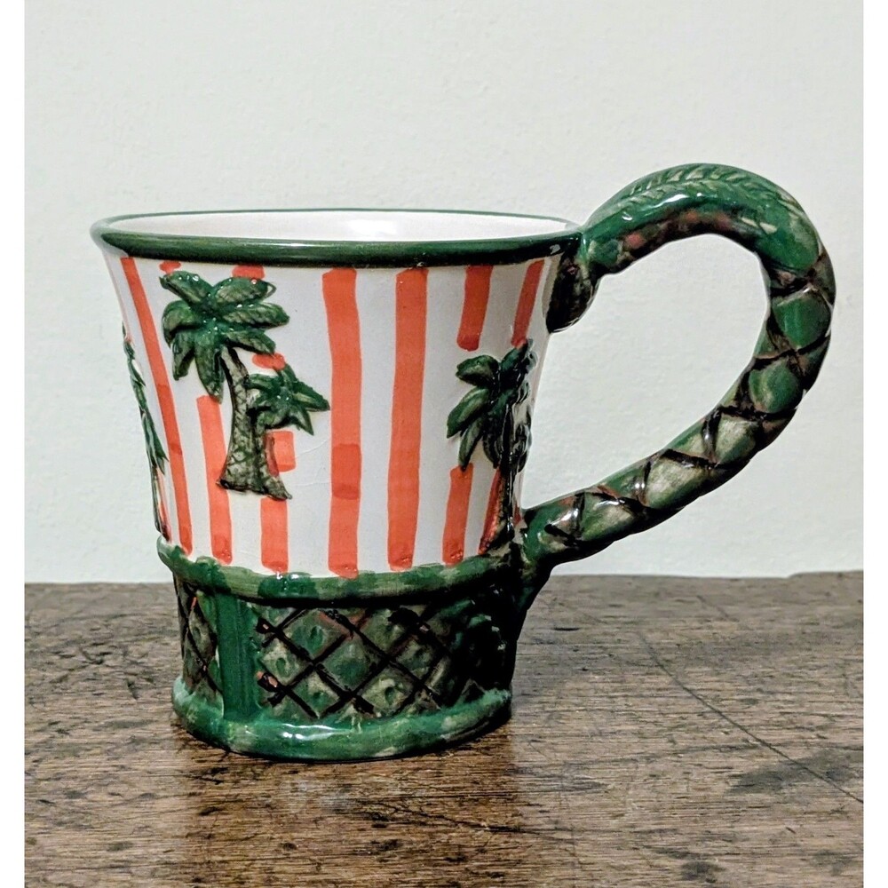 Set of 6 Vintage Centrum Caravan Palm Tree Coffee Mugs Nanette Vacher Striped